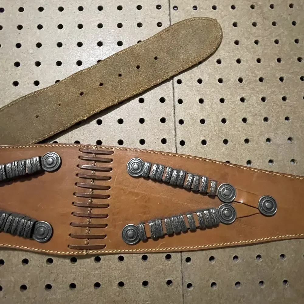 Vintage Handmade Leather Belt Brown Tooled Weightlifting Western Metal Girth